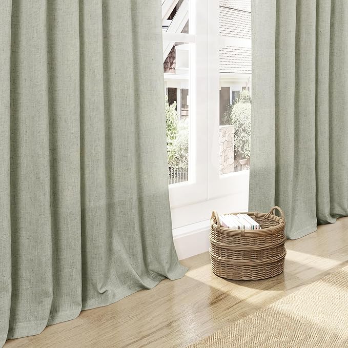Sage Green Linen Textured 96 Inch Curtains 2 Panel Set Back Tab Rod Pocket Sheer Pleated Boho Room Decor Aesthetic Curtains Pale Green Burlap Look Curtain Drapes for Living Room Bedroom 8Ft 40x96