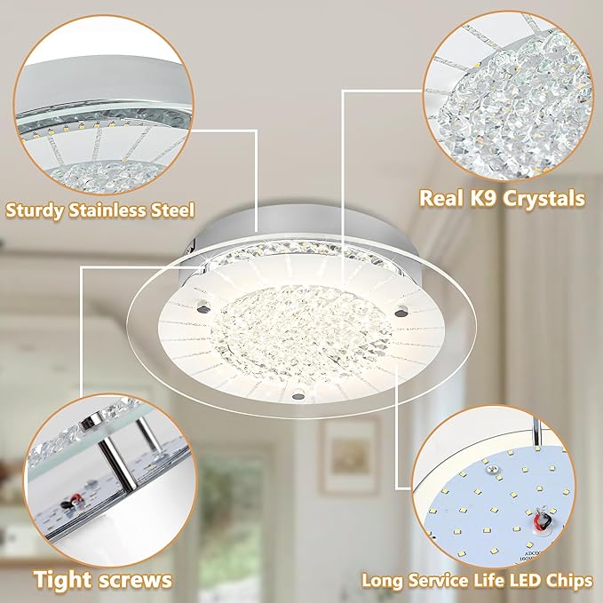 Crystal Ceiling Light Fixture Dimmable Modern Kitchen Light Fixtures LED 11" Flush Mount Ceiling Light Fixture for Bedroom Bathroom Hallway Foyer Entrance Laundry Room Closet