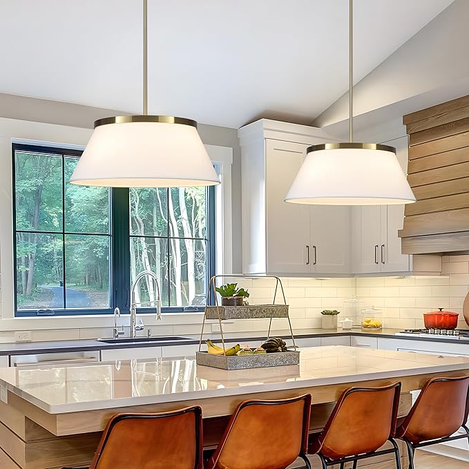 Modern Chandelier with White Fabric Shade Gold and Brass Finished Adjustable 4-Lights Pendant Lighting Fixture for Kitchen Island Dining Room and Restaurant