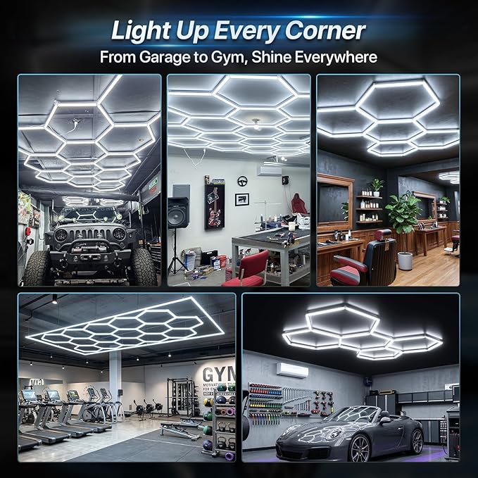 HYPERLITE Gen 2 Hexagon Garage LED Light, Upgraded 3 Level Dimmable 168W 16800LM Super Bright Garage Detailing Lights, 5 Grids Hex Shop Light, Hexagon LED Lights for Basement, Car Wash, Gym, Shop
