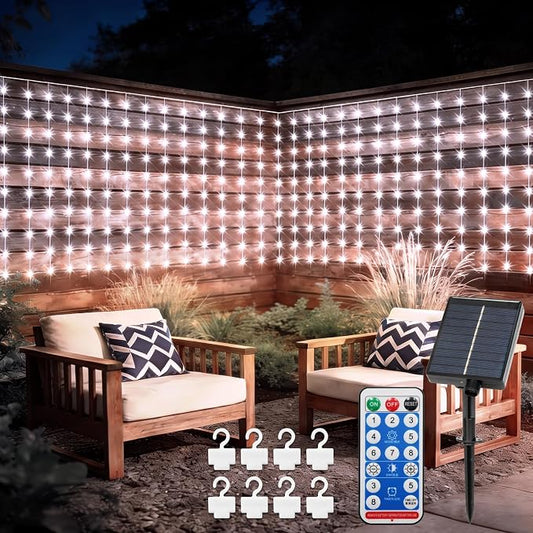 DBFAIRY Solar Curtain Lights 200 LED Outdoor Curtain Lights Waterproof | 13 x 3.9ft Solar Twinkle Curtain Lights with Remote Timer Dimmable for Garden Party Wedding Decór, Cool White