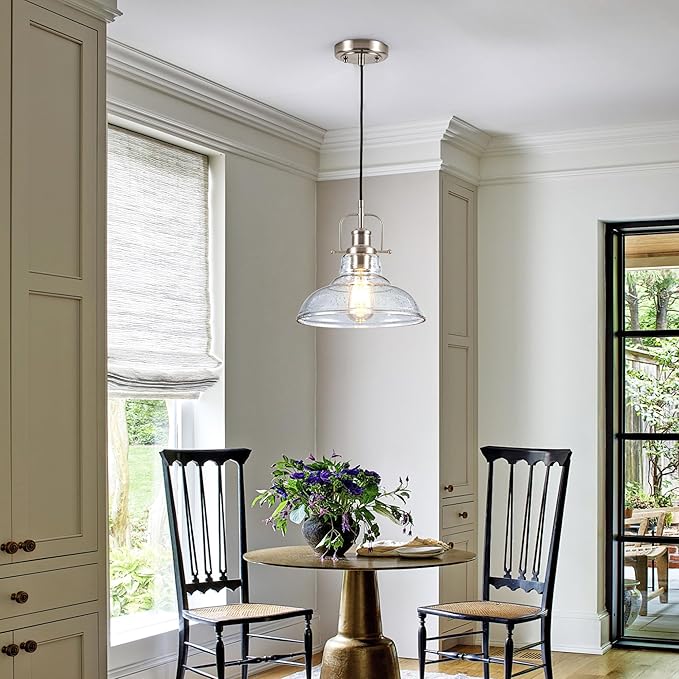 Zlepmlla Modern Glass Pendant Light，Farmhouse Industrial Light Fixture with Adjustable Cord, Seeded Glass Shade, Hanging Lights for Kitchen Island,Hallway, Dinning Room