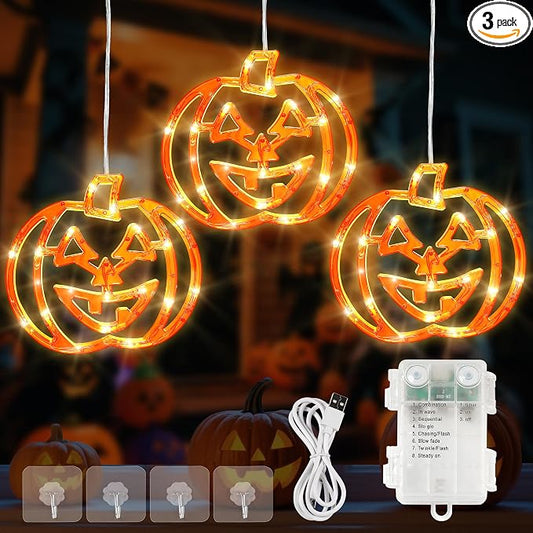 Halloween Window Lights,3 Pack 48LED Pumpkin String Light with Battery Operated,Timer Memory Hanging Orange Halloween Light for Spooky Decor Outdoor Indoor Curtain Home Party Gift