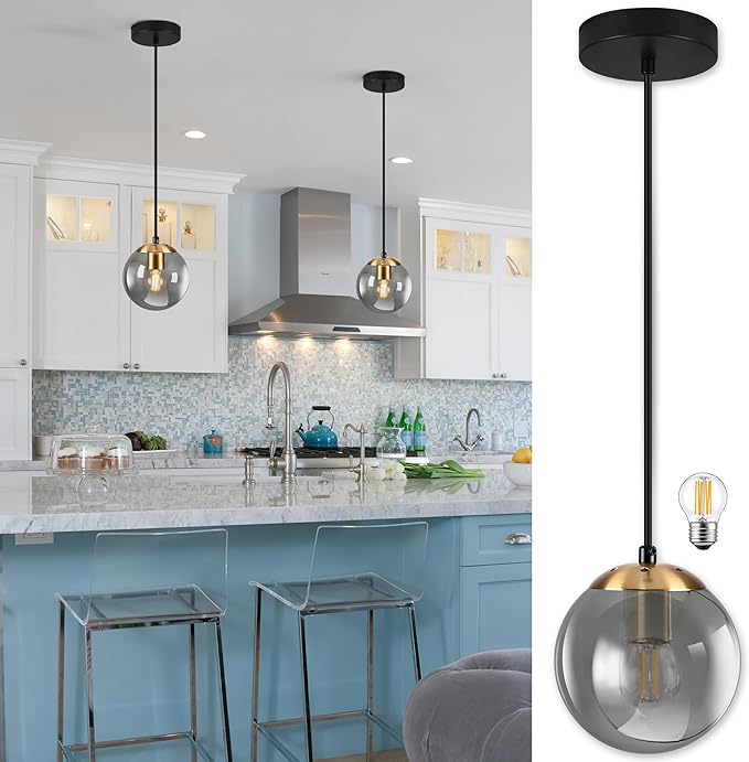 KoKo&Yukina 6 Inch Globe Pendant Light Gold Globe Pendant Lights Kitchen Island Mid Century Light Fixture with Grey Glass Shade for Dining Room