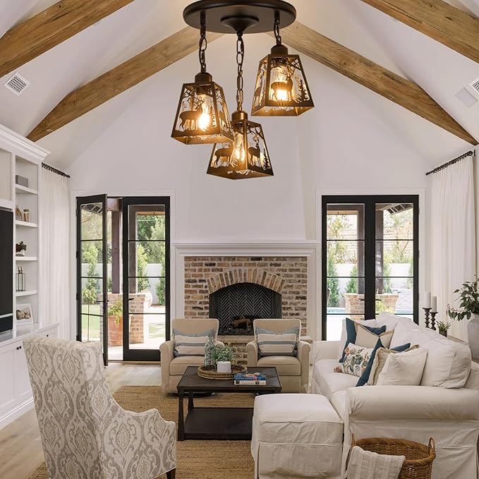 Farmhouse Rustic Ceiling Light Fixture,Black Metal Cage Pendant Lights Kitchen Island with Deer,Industrial Hanging Pendant Lighting for Dining Room Bedroom Entryway Hallway Foyer