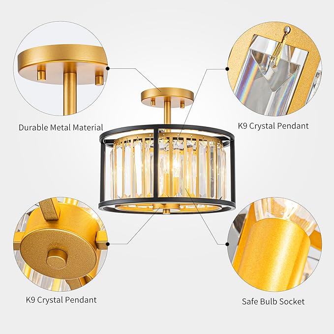 3-Light K9 Crystal Drum Ceiling Lights, Modern Style Semi-Flushmount Light Fixture for Dining Room, Living Room, D12 * H10 inch, Clear Crystal, Gold & Black Finish Frame