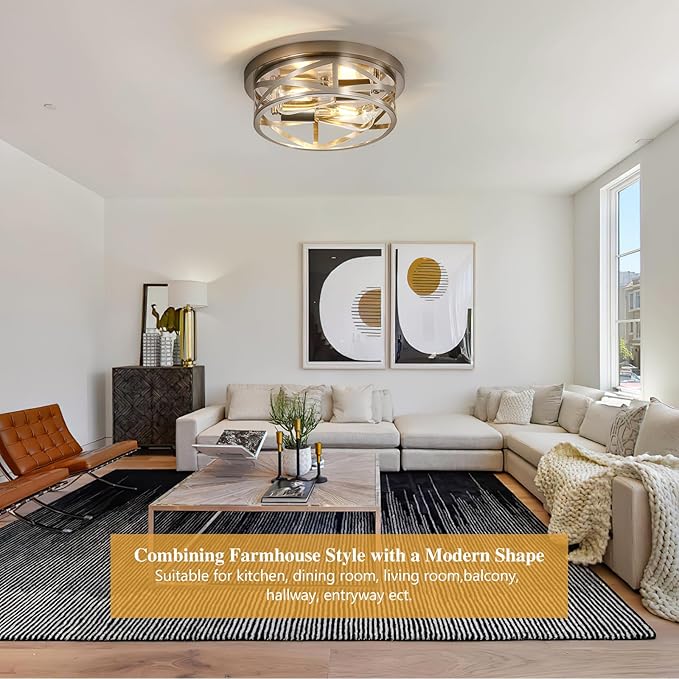 Brushed Nickle Flush Mount Ceiling Light Fixture, 2-Pack Metal Cage Close to Ceiling Lights, Modern 11 Inch E26 Base Indoor Kitchen Ceiling Lights for House Hallway Bedroom