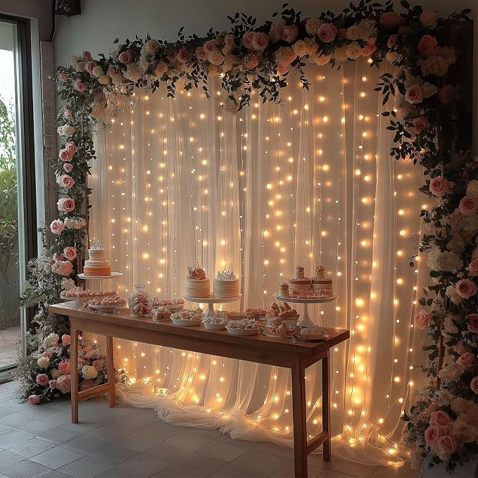 10x10ft Champagne Tulle Backdrop Curtain with Lights String Sheer Drapes for Wedding, Birthday, Baby Shower, Bridal Shower, Photo Booth, Party, Home Decor (2 Panels)