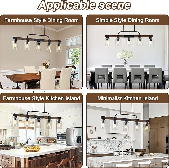 Farmhouse Dining Room Light Fixtures Over Table，Rustic Ceiling Pendant Lights Kitchen Island，5-Light Wood Kitchen Island Lighting Linear Chandelier with Clear Glass lampshade