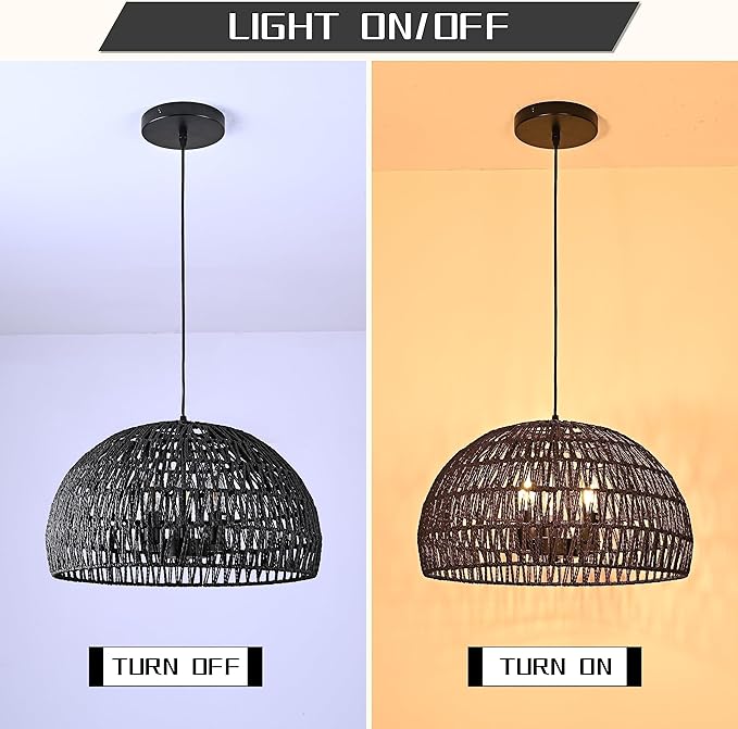 17.6” Black Woven Pendant Lights Boho Chandelier Light Fixture 3-Light Wicker Pendant Lights Rattan Light Pendant Dome Pendant Wicker Light Fixture for Dining Room Bedroom(Bulb Incl.