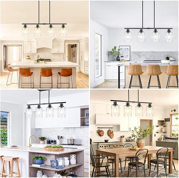 Dining Room Light Fixture Over Table, 4-Light Kitchen Island Lighting Hanging, Farmhouse Linear Chandelier for Dining Room, Matte Black Pendant Light Fixtures with Clear Glass Shade for Kitchen Island