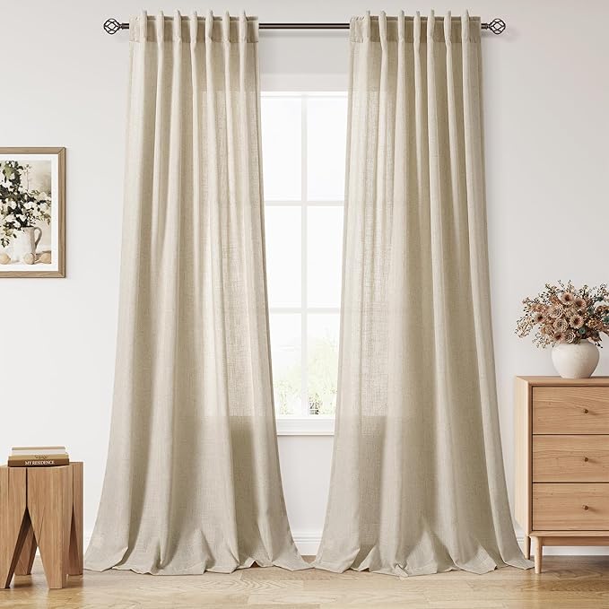 Eggshell Beige Linen Curtains for Living Room 105 Inches Long Light Filtering Semi Sheer Curtain Back Tab Rustic Farmhouse Decor Burlap Luxury Boho Drapes for Bedroom Dinner Room 52x105, 2 Panels