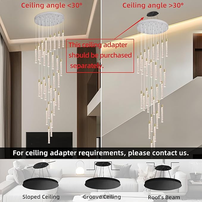 30-Light Chorme High Ceiling Chandeliers Modern Crystal Chandeliers for Entryway Long Spiral LED Dimmable Chandelier Flush Mount Ceiling Staircase Foyer Living Room Ceilings Light Fixture
