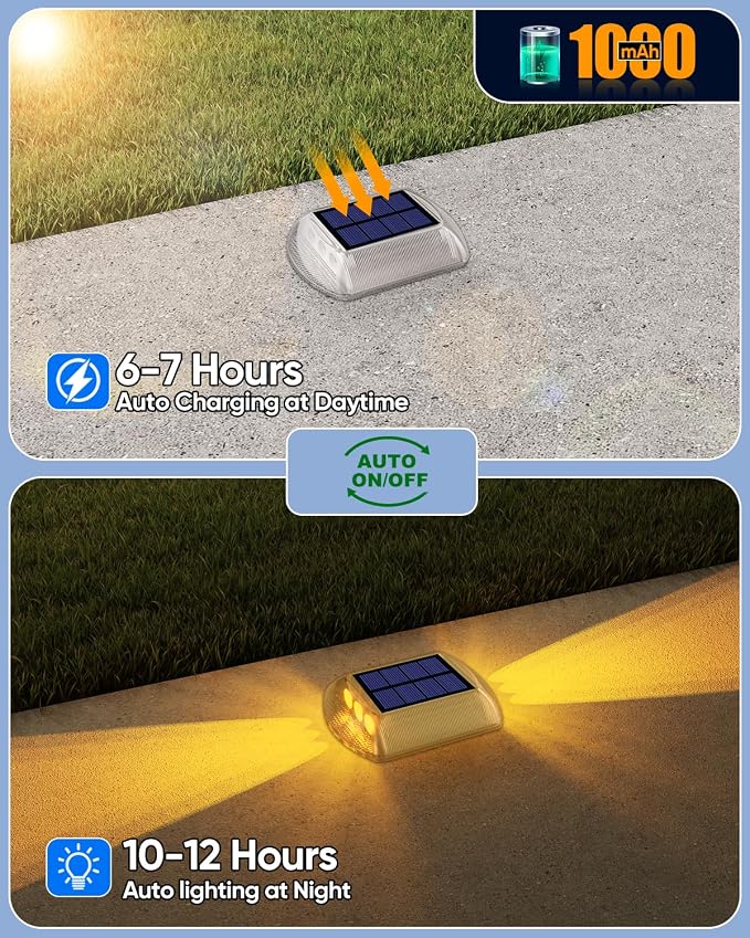 DetarZinLED Solar Deck Lights Outdoor, 4 Pack Warm Driveway Lights Solar Powered, IP68 Waterproof Stick on & Screw Dock Light for Pathway, Walkway, Sidewalk, Patio, Pool Deck, Garden, Step