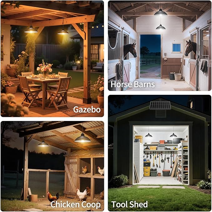 Lightonight Solar Pendant Light with Remote Control, 3 Color Dimmable Double Bulb, IP65 Weatherproof Dusk to Dawn Solar Light for Gazebo,Barn,Shed,Garage,Patio,Pergola,Chicken Coop,Stables,Tents