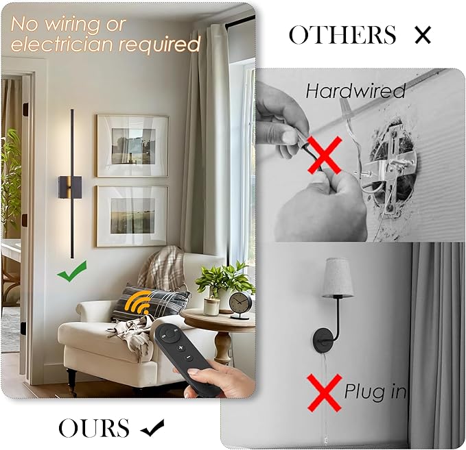 KARTOOSH Battery Operated Wall Sconces with Remote Control, Dimmable Wall Sconces Set of Two, 350°Rotate, 3000K LED Black Wireless Wall Light for Living Room, Hallway, Bedroom, 40.1 Inch (2 Pack)