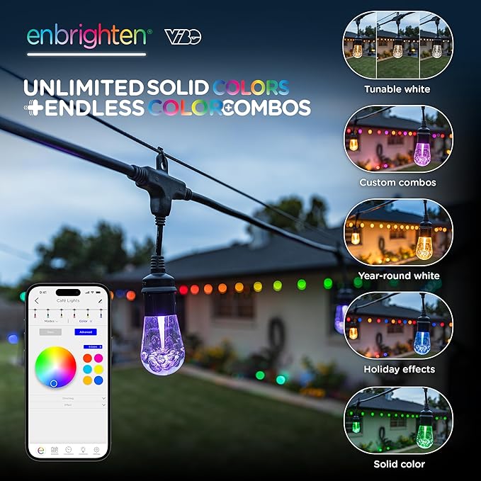 Enbrighten Vibe Vintage Outdoor String Lights Gen 2, 48ft, 24 RGBWIC Acrylic Bulbs, Weatherproof, Perfect for Gameday, Holidays, and More, Smart App Control, Compatible with Alexa, Google Home, 86128