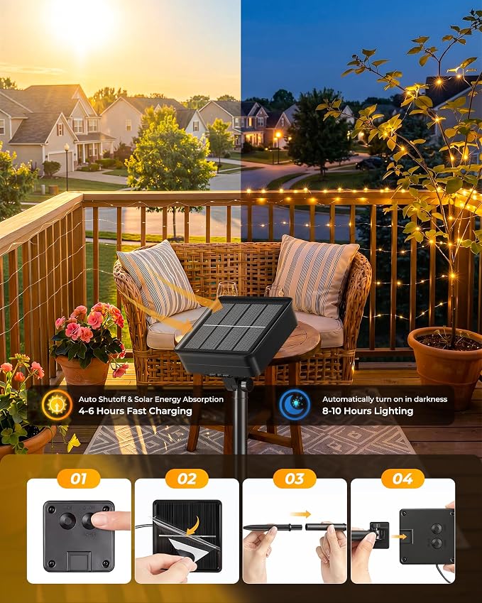 Minetom Solar String Lights, 4 Packs Total 132Ft 400 LED Solar Fairy Lights, Waterproof Solar Lights for Outside Patio Yard Tree Wedding Christmas, Warm White | IP65 Waterproof Twinkle Lights with 8 Modes, Patio Lights for Tree Outside Patio Yard Party...