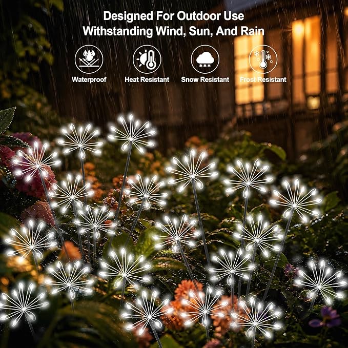 Solar Garden Lights Outdoor, Upgraded Solar Swaying Starburst Light Waterproof with 2 Modes, Solar Fairy Firework Lights for Yard Patio Pathway Flowerbed Balcony Garden Decoration (White, 4 Pack)