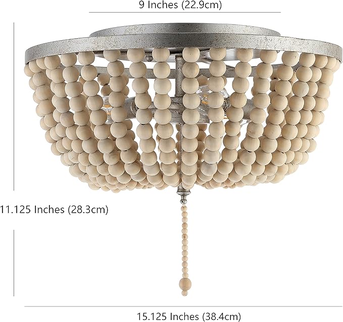 JONATHAN Y 15" Antique Silver/Cream Allison 3-Light LED Flush Mount Ceiling Light for Bedroom, Wood Beaded Shade Shabby Chic Farmhouse Rustic Decor, LED Bulbs Included (JYL9019C)