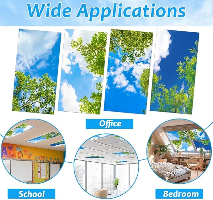 4 Pcs Fluorescent Light Covers with 40 Magnets Decorative for Classroom Ceiling Light 4 x 2 Feet Magnetic Light Covers Filter Easy Install for Office Hospitals & Home Drop Ceiling Supplies(Cloud Sky )