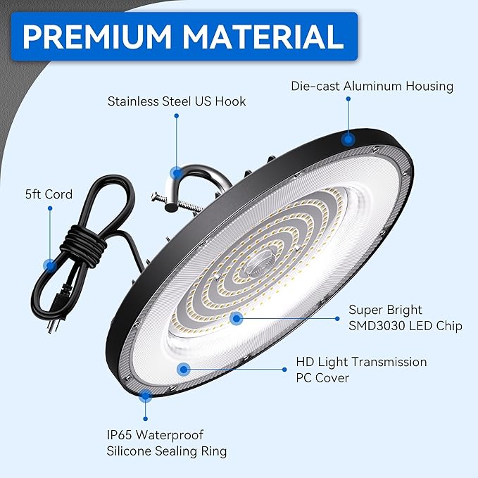 4 Pack LED High Bay Light 200W, 30000lm, 5000K ETL Listed UFO High Bay LED Shop Lights with 5' Cable US Plug, IP65 Waterproof 120V Commercial Lighting Fixture for Warehouse Workshop Barn Factory