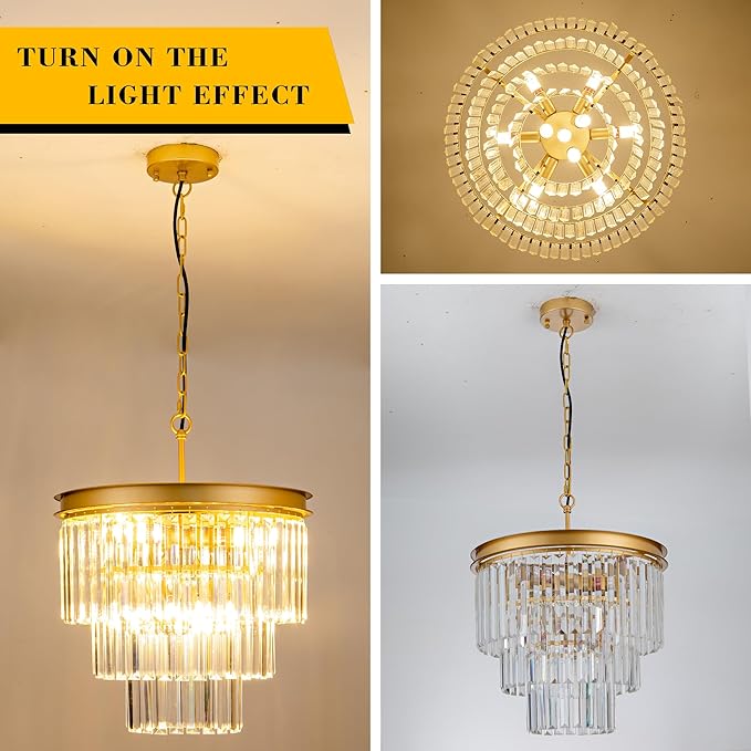 15.8" Gold Crystal Chandelier 6-Lights Crystal Round Pendant Lights 3-Tier Luxury Hanging Ceiling Light Fixture for Hallway Dining Room Living Room Bedroom Kitchen Island Stairway Entryway