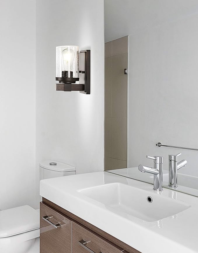 JONATHAN Y 4.5" Oil Rubbed Bronze LED Vanity Light, Rustic Farmhouse Sconce, Clear Seeded Glass Shade, Industrial Wall Lamp for Bathroom Mirror, Kitchen Sink, LED Bulb JYL7507A