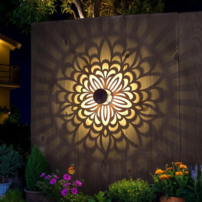 4 Pack Solar Fence Lights Metal Solar Powered Outdoor Wall Deck Step Lights Mandala Theme Waterproof Fence Light for Garden Post Patio Backyard Yard Decor, Gardening Gifts for Women Mom Grandma