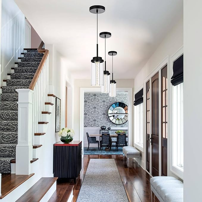 MELUCEE 3 Packs Modern LED Pendant Light Fixtures 5 Color Temperature Pendant Lights Kitchen Island Lighting Adjustable Height Black Hanging Ceiling Lamp for Dining Room Bedroom, 3000K-6000K