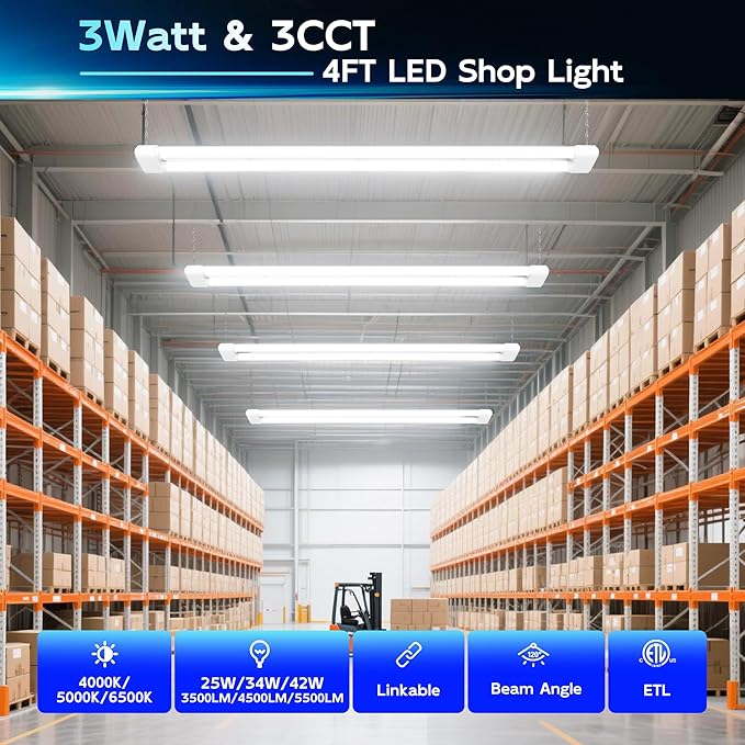 hykolity LED Shop Lights 4FT, 3CCT Selectable 4000K/5000K/6500K,Adjustable 25W/34W/42W, 5500LM Linkable Shop Lights for Garage, Ceiling or Hanging Mount, 2 Pack