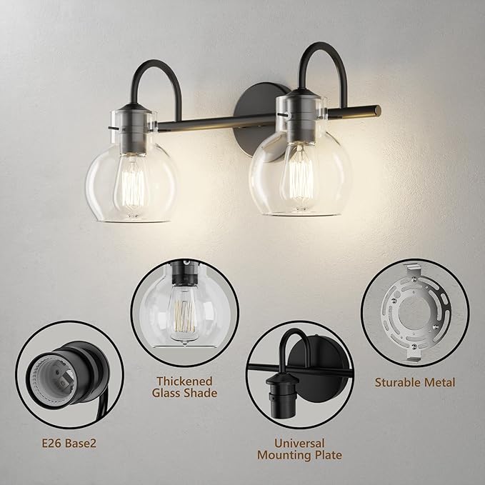 Bathroom Vanity Light Fixtures, Modern 2 Lights Vanity Lighting Fixture Matte Black, Farmhouse Metal Wall Lamp with Globe Glass Shade, Porch Wall Mount Light Fixture for Mirror Cabinets