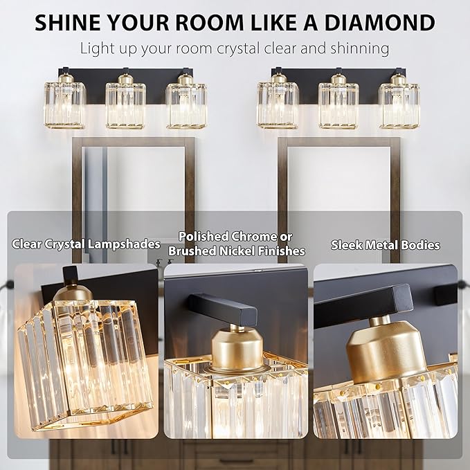 Bathroom Vanity Light Fixtures Over Mirror - Makeup Lighting Black Gold - for Modern Wall, Bath, Desk, Farmhouse, Hallway 3 Crystal Lights