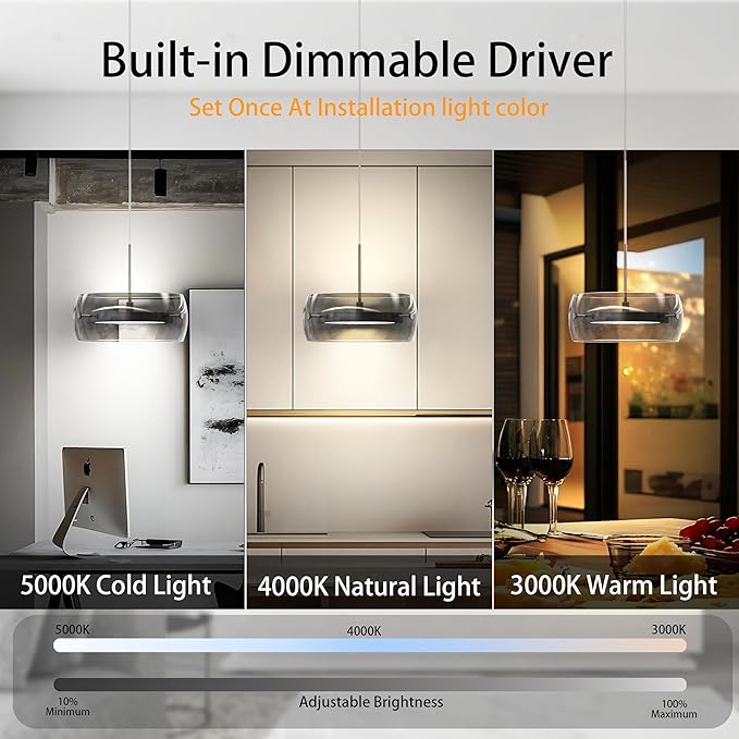 Modern Pendant Lights Kitchen Island, Dual-Sided LED 3-CCT Dimmable Smoked Glass Hanging Lighting Fixture, Adjustable Cable for Dining Room, Bar, Over Table, Sloped Ceiling Chrome Silver