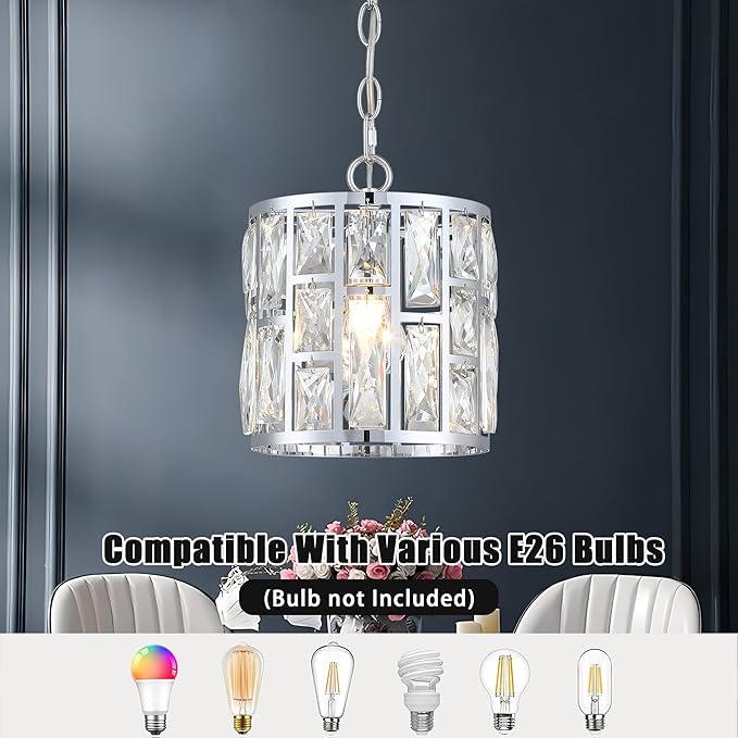 MEXO Modern Crystal Pendant Light,Chrome Chandelier Light Fixture, Cylinder Adjustable Height Pendant Lights for Kitchen,Dining Room,Living Room,Foyer,Hallway