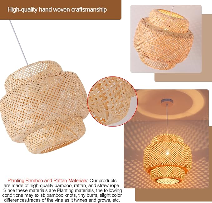Bamboo Pendant Light,15.75" Hand-Woven Boho Rattan Hanging Lamp,1-Pack Farmhouse Wicker Chandelier for Dining Living Bedroom Kitchen