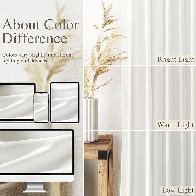 Nanspring Off White Cafe Curtains 54 Inch Length Set 2 Panel Back Tab Pocket Semi Sheer Drapes Short Linen White Curtain Tiers for Small Bathroom Window Basement Kitchen Door 38x54