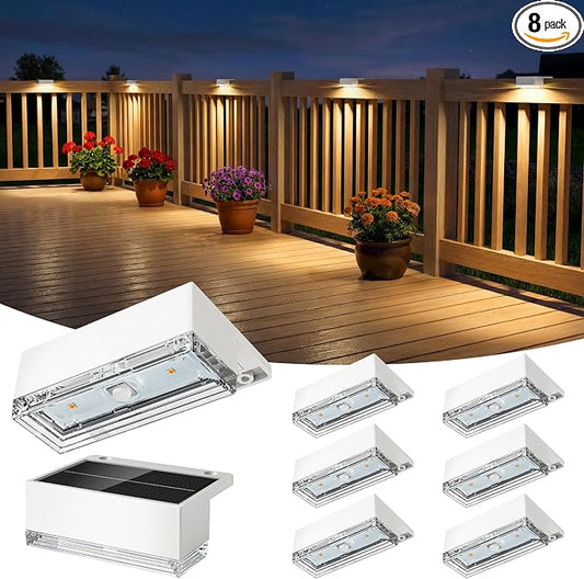 JOFIOS Solar Deck Lights 8 Pack, 3 Color Modes Soft Warm/Natural/Cool Glow, IP65 Waterproof Step Lights for Outdoor Ambiance, Solar Lights for Fence, Deck, Railing, Patio & Backyard Decor (White)