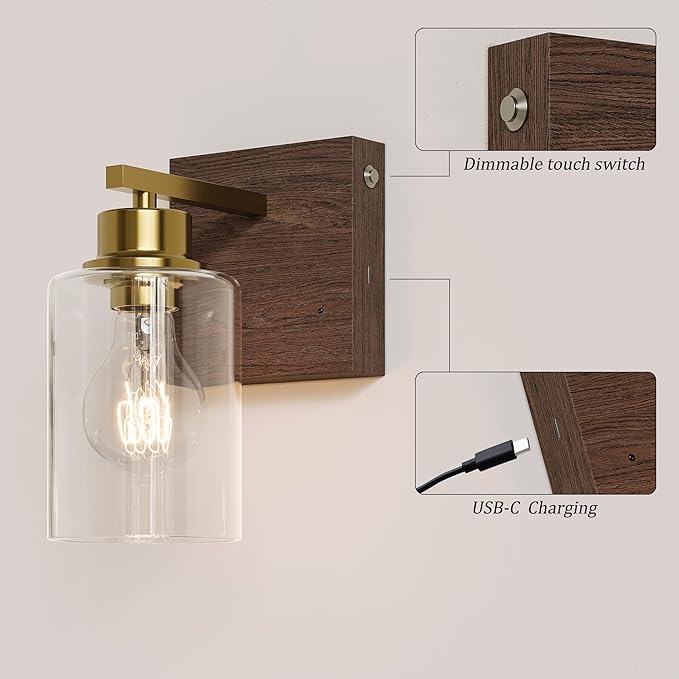 Rechargeable Wall Sconce, Gold & Walnut Battery Operated Wall Sconce Set of 2 with Timer Function, Easy Install Dimmable Wireless Wall Lamps for Living Room, Bedroom, Hallway, Entryway Decor 3000K