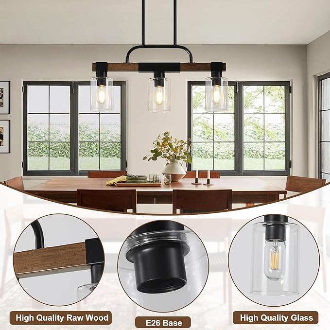 Farmhouse Dining Room Light Fixtures Over Table，Rustic Ceiling Pendant Lights Kitchen Island，3-Light Wood Kitchen Island Lighting Linear Chandelier with Clear Glass lampshade