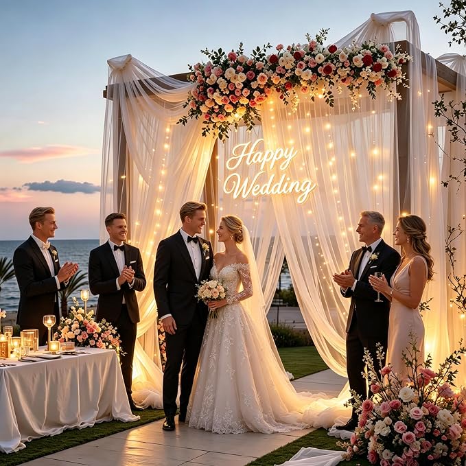 20×10ft White Tulle Backdrop Curtains with Lights String for Wedding Parties Sheer Backdrop Curtain Backdrop for Engagement Bridal Baby Shower Birthday Party Home Decoration 5ft×10ft, 4 Panels
