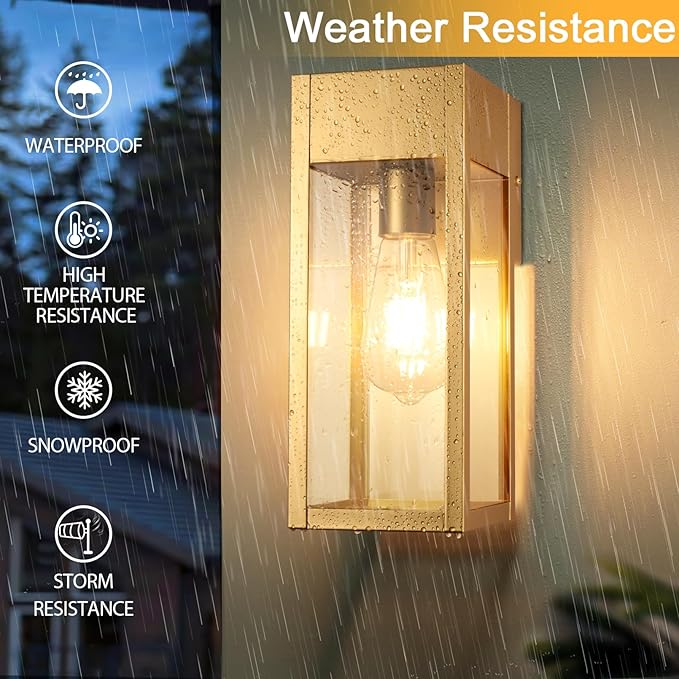 2 Pack Porch Lights Outdoor Wall Sconce, Outdoor Light with GFCI Outlet, Waterproof Exterior Wall Lantern Light Fixtures, Anti-Rust Wall Lamp with Clear Glass for Patio Doorway Garage- Gold