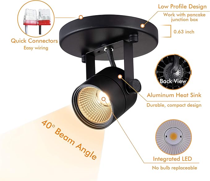 CLOUDY BAY LED Flush Mount Ceiling Spot Light,CRI90+ 8W 600lm 3000K Warm White Dimmable,Adjustable Tilt Angle Ceiling Light Fixture,Black
