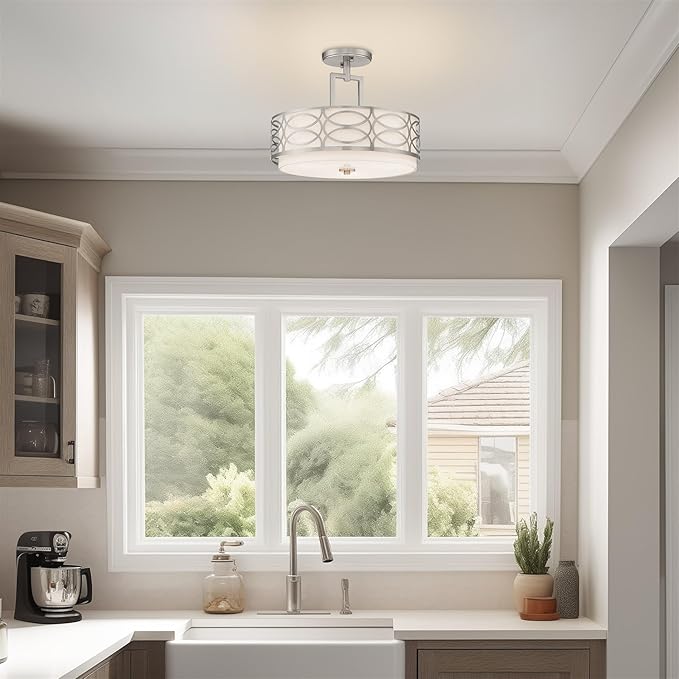 Kira Home Sienna 15" 3Modern Lattice Drum Semi-Flush Mount, 3-Light Silver Ceiling Light with White Linen Shade & Glass Diffuser, Brushed Nickel Finish