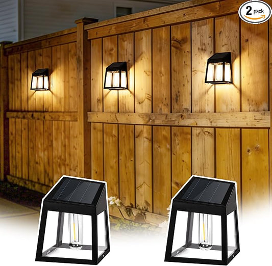 GIGALUMI Solar Fence Lights, 2 Pack Fence Outdoor Waterproof Lights Solar Powered, Warm White Yard Decorations for Garden, Post, Front Door, Backyard, Porch, Deck