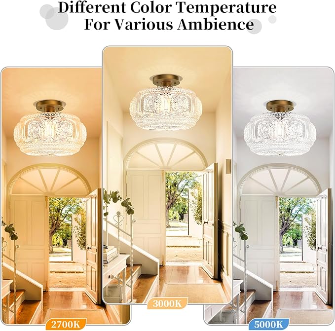Semi Flush Mount Ceiling Light, Upgraded 12 inch Larger Gold Glass Ceiling Light Fixture, Vintage Lighting for Hallway Kitchen Bedroom Dining Room, Bulb Not Included