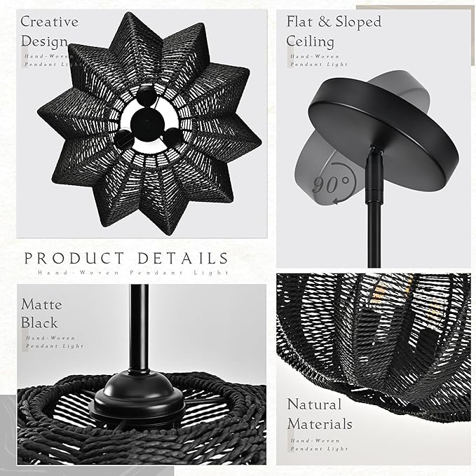 17.7 Inch Rattan Pendant Light Black Hemp Rope Rattan Light Fixture Woven Pendant Wicker Chandelier 3-Light Boho Chandelier for Foyer