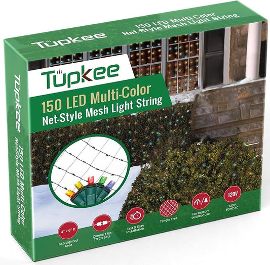 Christmas Light Net – 150 LED Multicolor Mesh Lights - 4 ft x 6 ft – Outdoor/Indoor – Net Lights for Bushes, Hedges or Trees