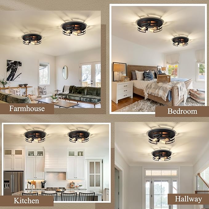 13 inch 3-Light Black Flush Mount Ceiling Light Fixture,Light Fixtures Ceiling Mount for Hallway,Hall,Kitchen,Farmhouse (2 Pack)