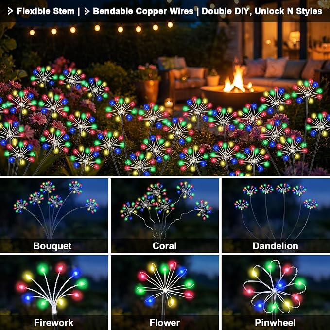 Solar Garden Lights Outdoor, Upgraded Solar Swaying Starburst Light Waterproof with 2 Modes, Solar Fairy Firework Lights for Yard Patio Pathway Flowerbed Balcony Garden Decoration (Multicolor, 4 Pack)